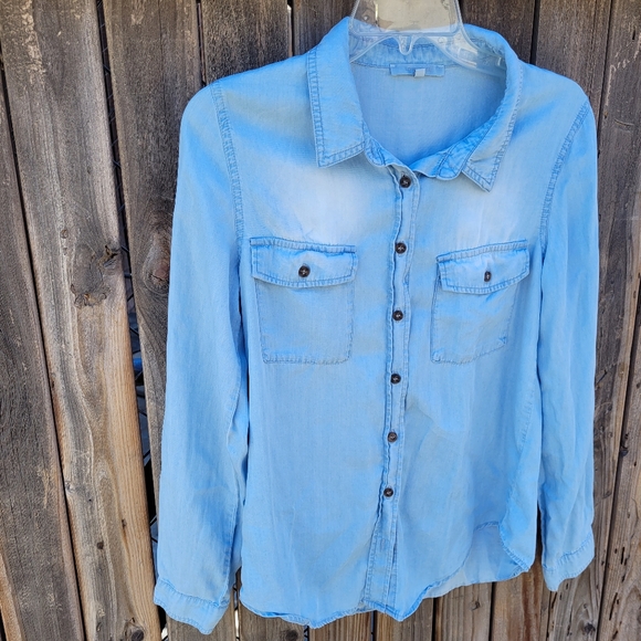 Love Tree Sky Blue Denim Shirt Womens Size M - Picture 7 of 16